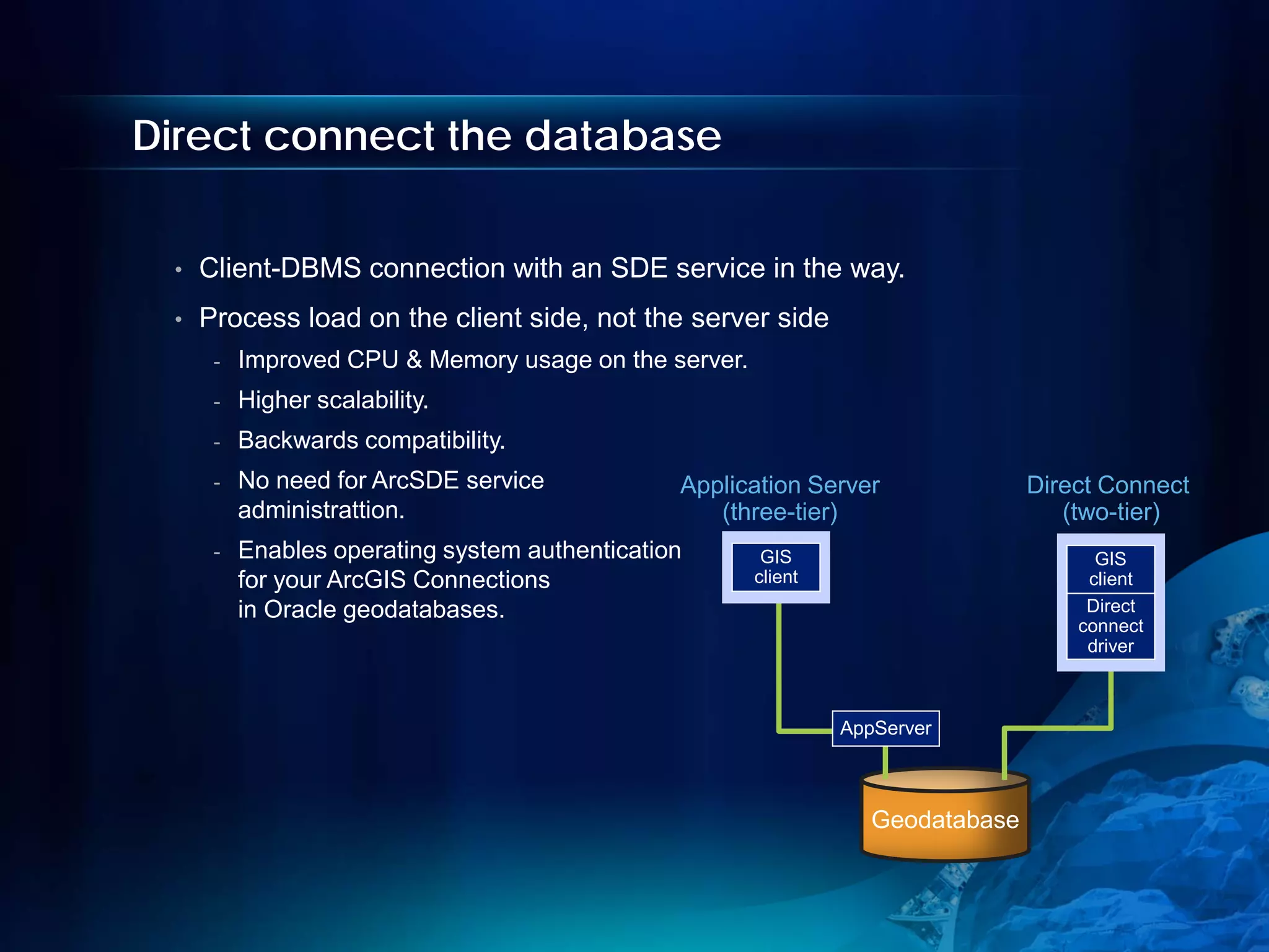 Direct connect the database


 •   Client-DBMS connection with an SDE service in the way.
 •   Process load on the client side, not the server side
      -   Improved CPU & Memory usage on the server.
      -   Higher scalability.
      -   Backwards compatibility.
      -   No need for ArcSDE service            Application Server               Direct Connect
          administrattion.                         (three-tier)                     (two-tier)
      -   Enables operating system authentication       GIS                            GIS
          for your ArcGIS Connections                  client                         client
          in Oracle geodatabases.                                                     Direct
                                                                                     connect
                                                                                      driver



                                                                AppServer



                                                                   Geodatabase
 
