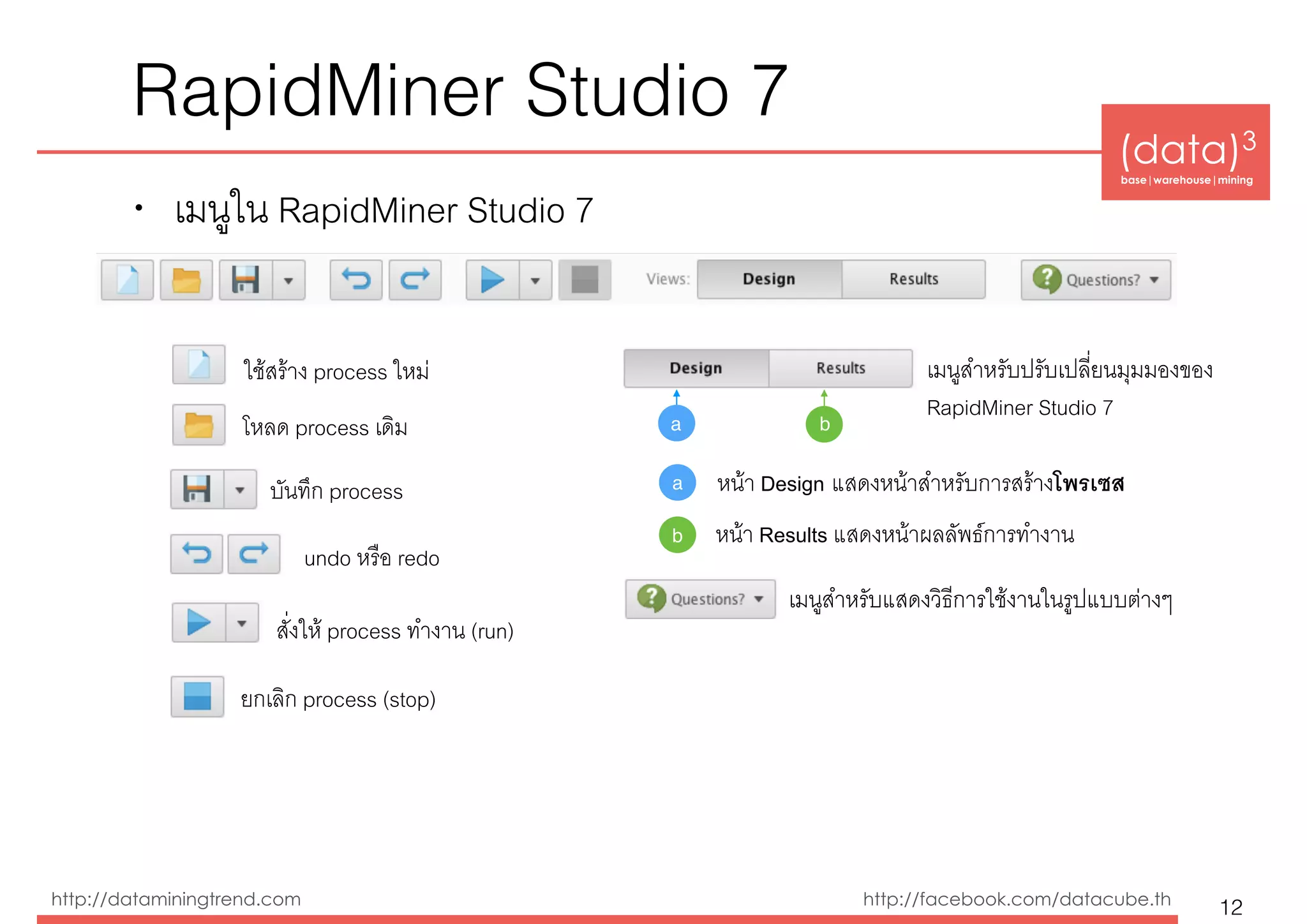 (data)3 
base|warehouse|mining
http://dataminingtrend.com http://facebook.com/datacube.th
RapidMiner Studio 7
• เมนูใน RapidMiner Studio 7
12
ใช้สร้าง process ใหม่
โหลด process เดิม
บันทึก process
undo หรือ redo
สั่งให้ process ทำงาน (run)
ยกเลิก process (stop)
เมนูสำหรับปรับเปลี่ยนมุมมองของ
RapidMiner Studio 7
เมนูสำหรับแสดงวิธีการใช้งานในรูปแบบต่างๆ
ba
a
b
หน้า Design แสดงหน้าสำหรับการสร้างโพรเซส
หน้า Results แสดงหน้าผลลัพธ์การทำงาน
 