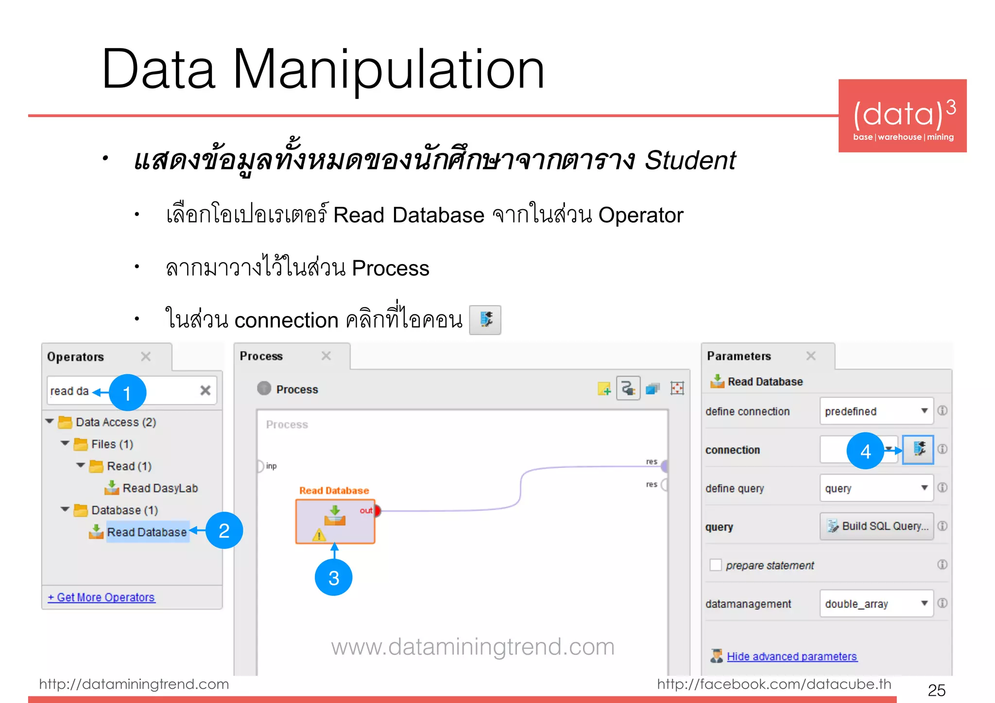 (data)3 
base|warehouse|mining
http://dataminingtrend.com http://facebook.com/datacube.th
Data Manipulation
• แสดงข้อมูลทั้งหมดของนักศึกษาจากตาราง Student
• เลือกโอเปอเรเตอร์ Read Database จากในส่วน Operator
• ลากมาวางไว้ในส่วน Process
• ในส่วน connection คลิกที่ไอคอน
25
1
2
3
4
www.dataminingtrend.com
 