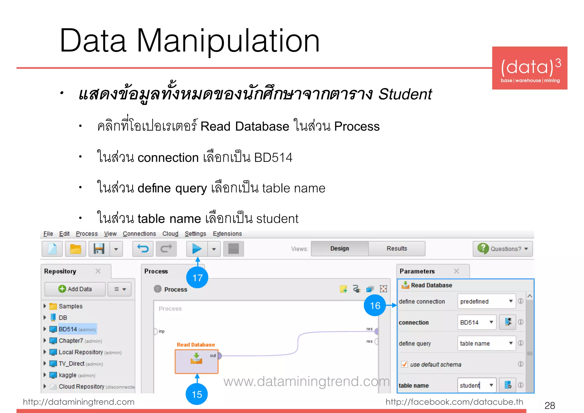 (data)3 
base|warehouse|mining
http://dataminingtrend.com http://facebook.com/datacube.th
Data Manipulation
• แสดงข้อมูลทั้งหมดของนักศึกษาจากตาราง Student
• คลิกที่โอเปอเรเตอร์ Read Database ในส่วน Process
• ในส่วน connection เลือกเป็น BD514
• ในส่วน deﬁne query เลือกเป็น table name
• ในส่วน table name เลือกเป็น student
28
15
16
17
www.dataminingtrend.com
 