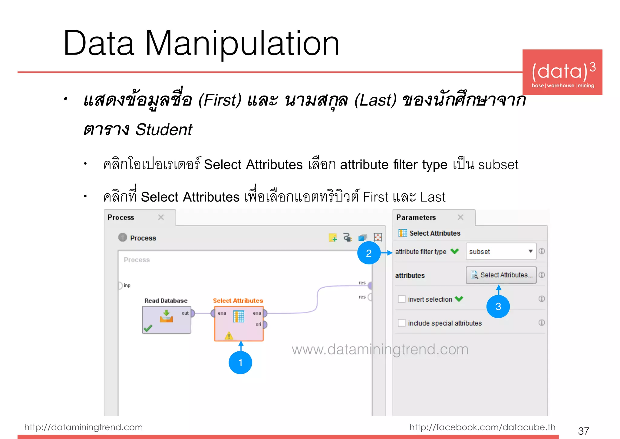 (data)3 
base|warehouse|mining
http://dataminingtrend.com http://facebook.com/datacube.th
Data Manipulation
• แสดงข้อมูลชื่อ (First) และ นามสกุล (Last) ของนักศึกษาจาก
ตาราง Student
• คลิกโอเปอเรเตอร์ Select Attributes เลือก attribute ﬁlter type เป็น subset
• คลิกที่ Select Attributes เพื่อเลือกแอตทริบิวต์ First และ Last
37
1
2
3
www.dataminingtrend.com
 