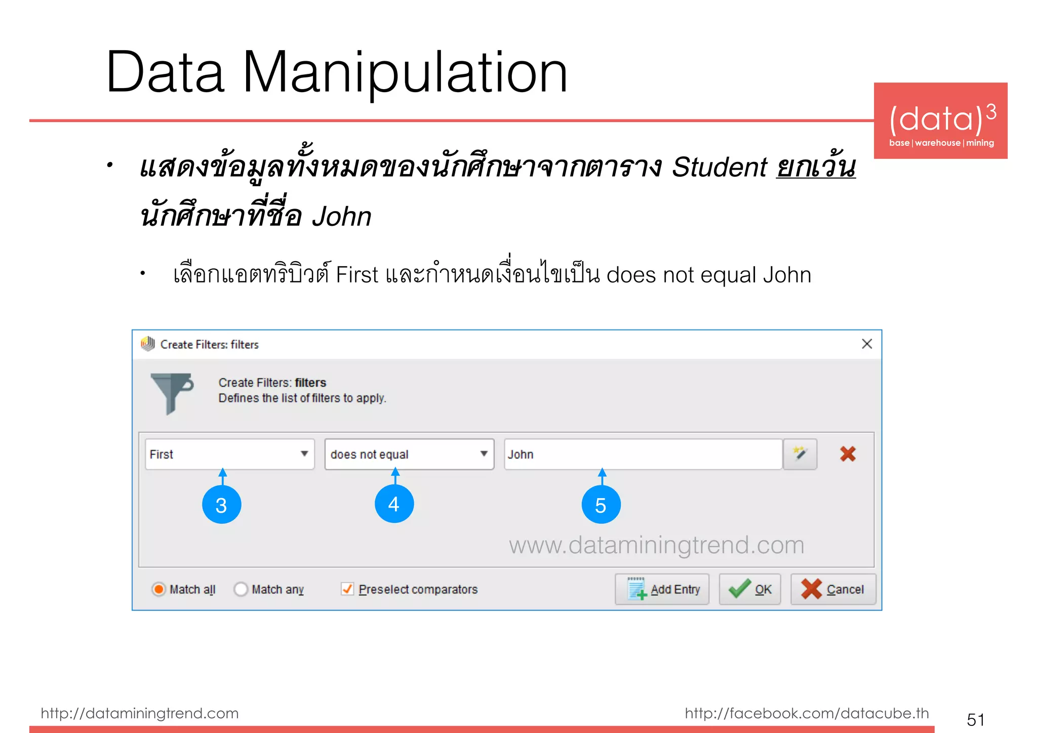 (data)3 
base|warehouse|mining
http://dataminingtrend.com http://facebook.com/datacube.th
• แสดงข้อมูลทั้งหมดของนักศึกษาจากตาราง Student ยกเว้น
นักศึกษาที่ชื่อ John
• เลือกแอตทริบิวต์ First และกำหนดเงื่อนไขเป็น does not equal John
Data Manipulation
51
3 54
www.dataminingtrend.com
 