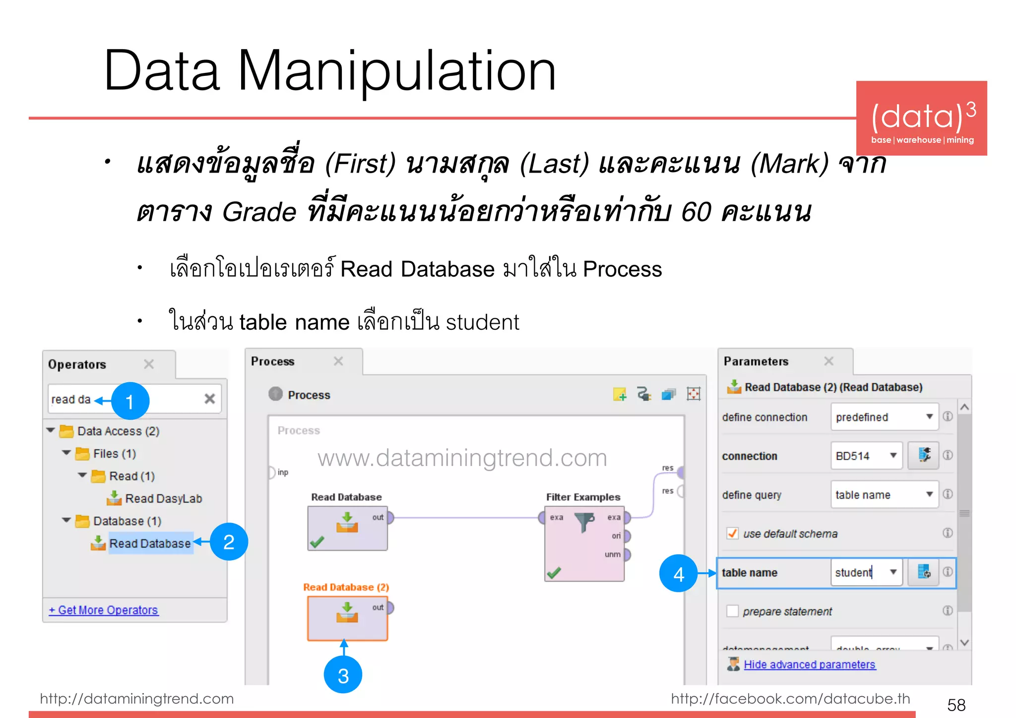 (data)3 
base|warehouse|mining
http://dataminingtrend.com http://facebook.com/datacube.th
Data Manipulation
• แสดงข้อมูลชื่อ (First) นามสกุล (Last) และคะแนน (Mark) จาก
ตาราง Grade ที่มีคะแนนน้อยกว่าหรือเท่ากับ 60 คะแนน
• เลือกโอเปอเรเตอร์ Read Database มาใส่ใน Process
• ในส่วน table name เลือกเป็น student
58
1
3
4
2
1
2
www.dataminingtrend.com
 