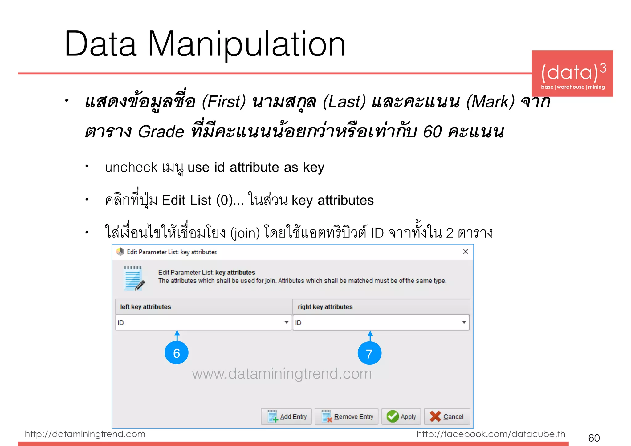(data)3 
base|warehouse|mining
http://dataminingtrend.com http://facebook.com/datacube.th
Data Manipulation
• แสดงข้อมูลชื่อ (First) นามสกุล (Last) และคะแนน (Mark) จาก
ตาราง Grade ที่มีคะแนนน้อยกว่าหรือเท่ากับ 60 คะแนน
• uncheck เมนู use id attribute as key
• คลิกที่ปุ่ม Edit List (0)... ในส่วน key attributes
• ใส่เงื่อนไขให้เชื่อมโยง (join) โดยใช้แอตทริบิวต์ ID จากทั้งใน 2 ตาราง
60
6 7
www.dataminingtrend.com
 