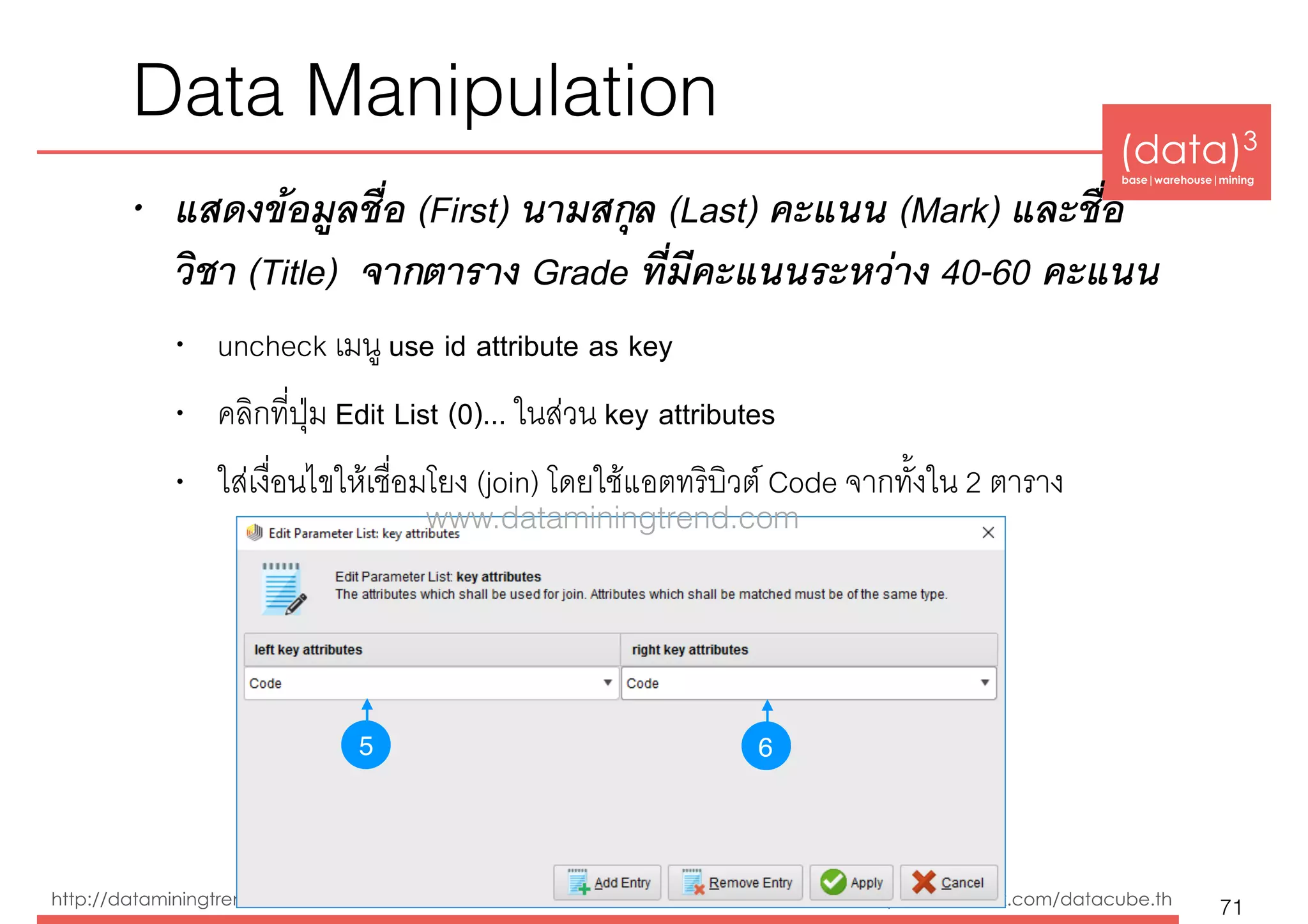 (data)3 
base|warehouse|mining
http://dataminingtrend.com http://facebook.com/datacube.th
Data Manipulation
• แสดงข้อมูลชื่อ (First) นามสกุล (Last) คะแนน (Mark) และชื่อ
วิชา (Title) จากตาราง Grade ที่มีคะแนนระหว่าง 40-60 คะแนน
• uncheck เมนู use id attribute as key
• คลิกที่ปุ่ม Edit List (0)... ในส่วน key attributes
• ใส่เงื่อนไขให้เชื่อมโยง (join) โดยใช้แอตทริบิวต์ Code จากทั้งใน 2 ตาราง
71
5 6
www.dataminingtrend.com
 