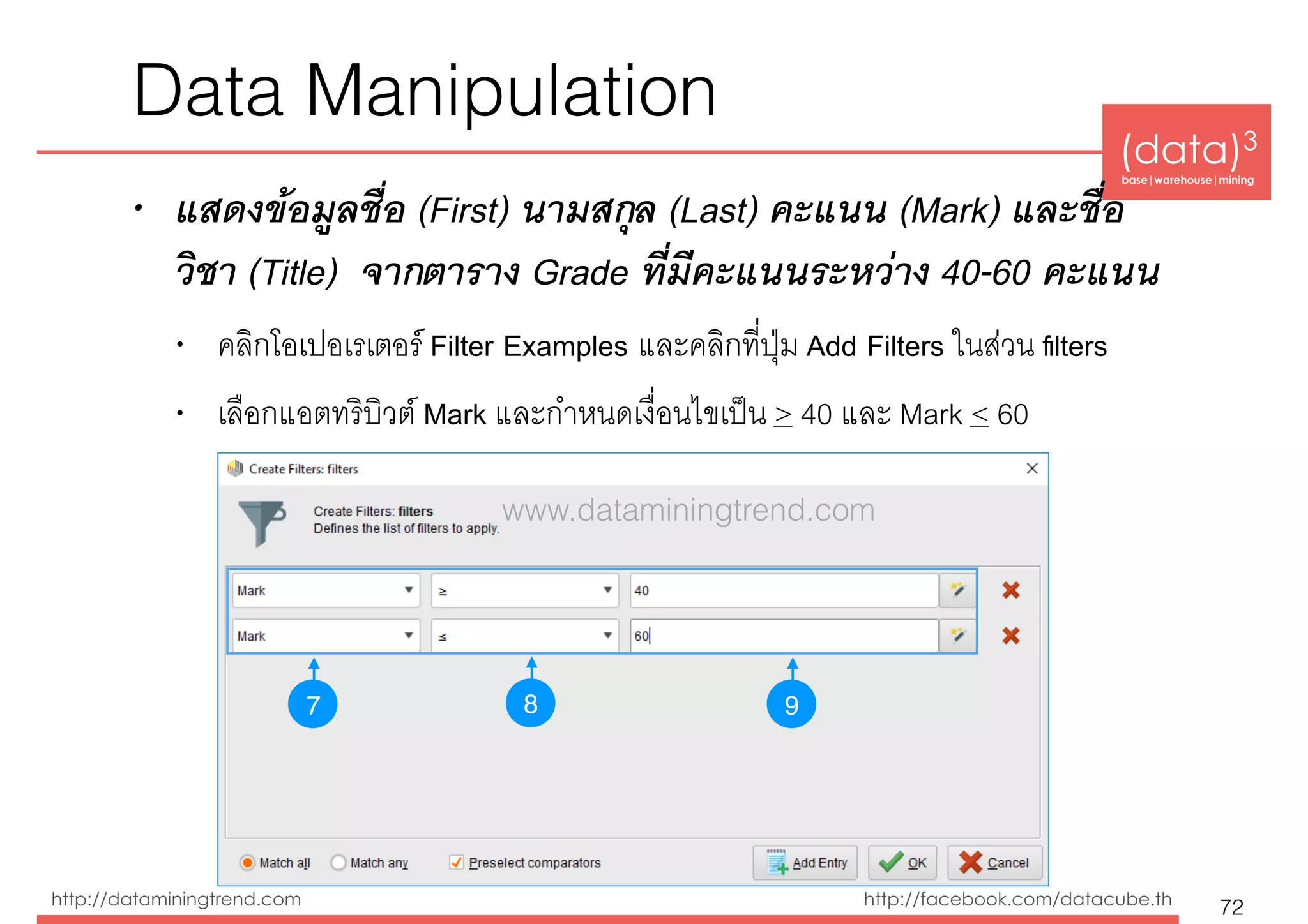 (data)3 
base|warehouse|mining
http://dataminingtrend.com http://facebook.com/datacube.th
• แสดงข้อมูลชื่อ (First) นามสกุล (Last) คะแนน (Mark) และชื่อ
วิชา (Title) จากตาราง Grade ที่มีคะแนนระหว่าง 40-60 คะแนน
• คลิกโอเปอเรเตอร์ Filter Examples และคลิกที่ปุ่ม Add Filters ในส่วน ﬁlters
• เลือกแอตทริบิวต์ Mark และกำหนดเงื่อนไขเป็น > 40 และ Mark < 60
Data Manipulation
72
7 98
www.dataminingtrend.com
 