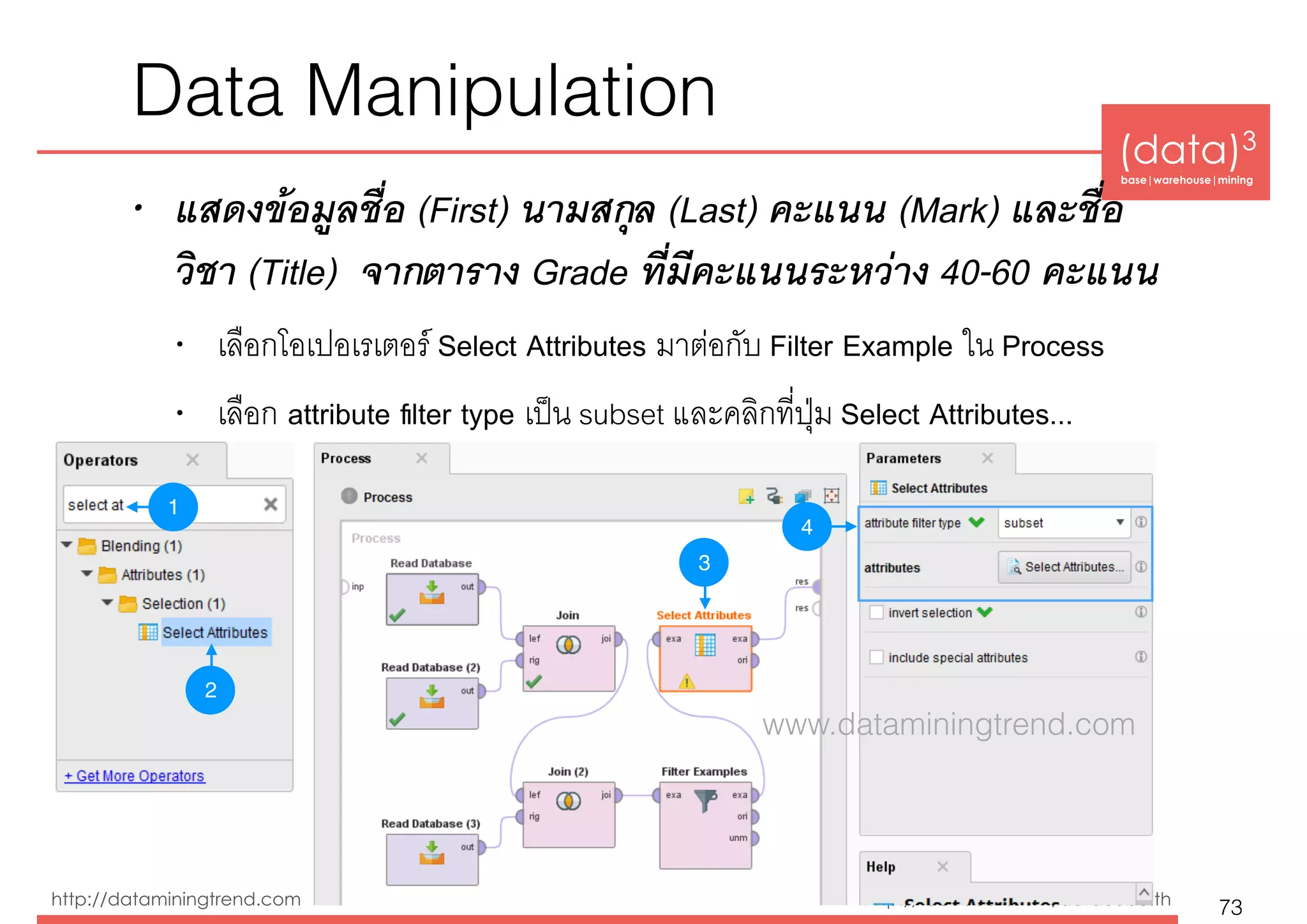 (data)3 
base|warehouse|mining
http://dataminingtrend.com http://facebook.com/datacube.th
Data Manipulation
• แสดงข้อมูลชื่อ (First) นามสกุล (Last) คะแนน (Mark) และชื่อ
วิชา (Title) จากตาราง Grade ที่มีคะแนนระหว่าง 40-60 คะแนน
• เลือกโอเปอเรเตอร์ Select Attributes มาต่อกับ Filter Example ใน Process
• เลือก attribute ﬁlter type เป็น subset และคลิกที่ปุ่ม Select Attributes...
73
4
1
2
3
www.dataminingtrend.com
 
