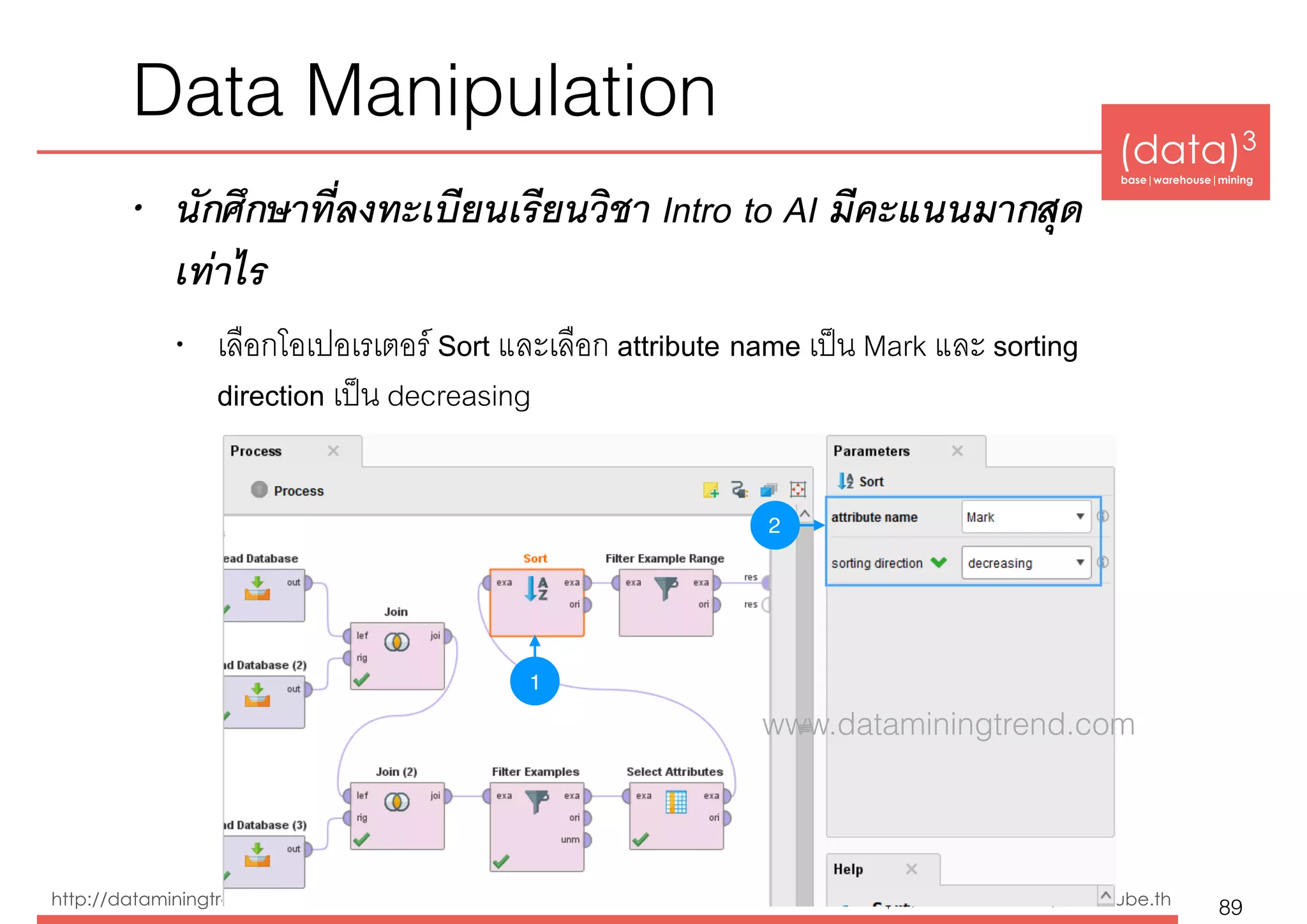 (data)3 
base|warehouse|mining
http://dataminingtrend.com http://facebook.com/datacube.th
Data Manipulation
• นักศึกษาที่ลงทะเบียนเรียนวิชา Intro to AI มีคะแนนมากสุด
เท่าไร
• เลือกโอเปอเรเตอร์ Sort และเลือก attribute name เป็น Mark และ sorting
direction เป็น decreasing
89
2
1
www.dataminingtrend.com
 