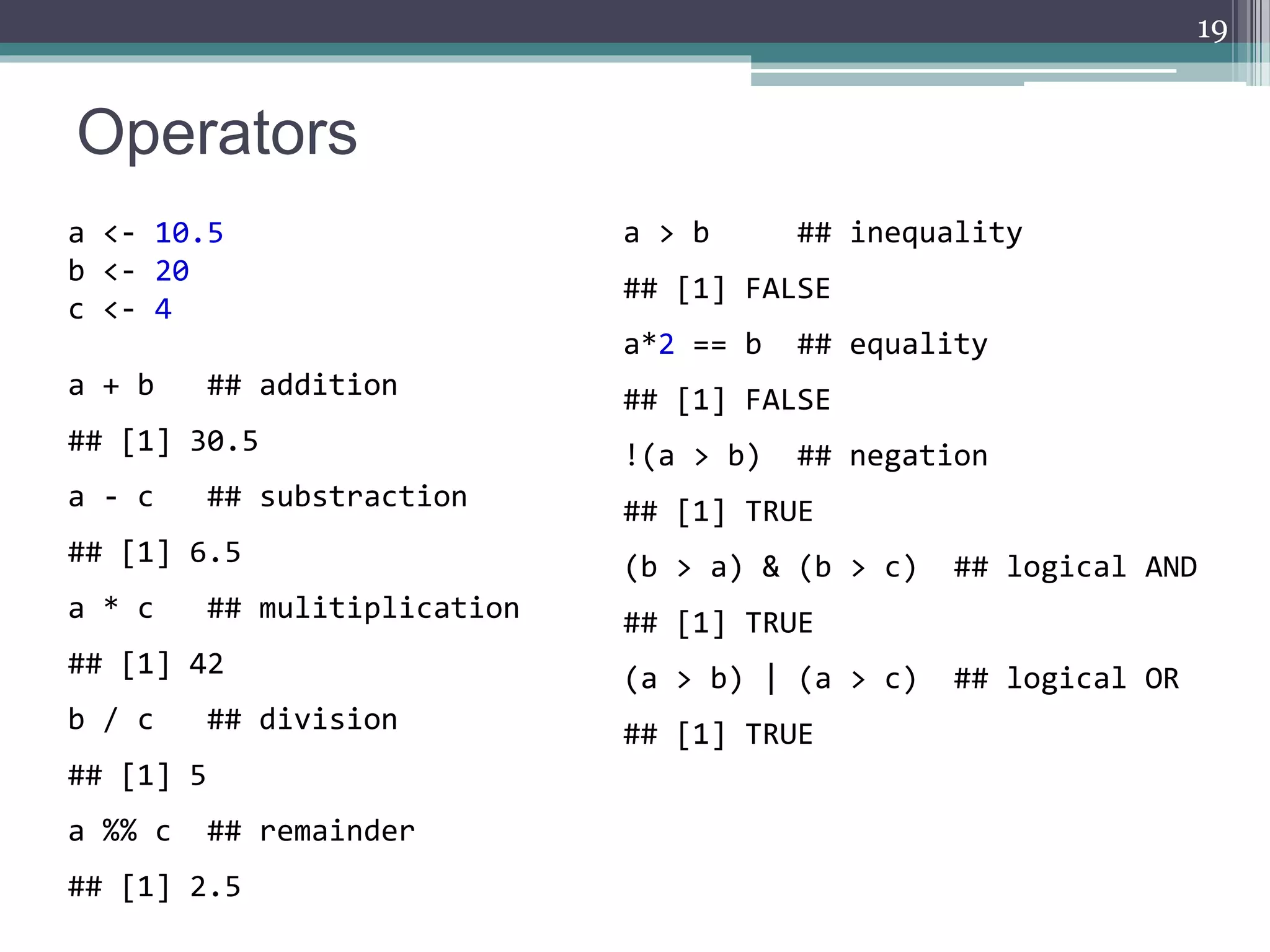 Operators
19
a <- 10.5
b <- 20
c <- 4
a + b ## addition
## [1] 30.5
a - c ## substraction
## [1] 6.5
a * c ## mulitiplication
## [1] 42
b / c ## division
## [1] 5
a %% c ## remainder
## [1] 2.5
a > b ## inequality
## [1] FALSE
a*2 == b ## equality
## [1] FALSE
!(a > b) ## negation
## [1] TRUE
(b > a) & (b > c) ## logical AND
## [1] TRUE
(a > b) | (a > c) ## logical OR
## [1] TRUE
 