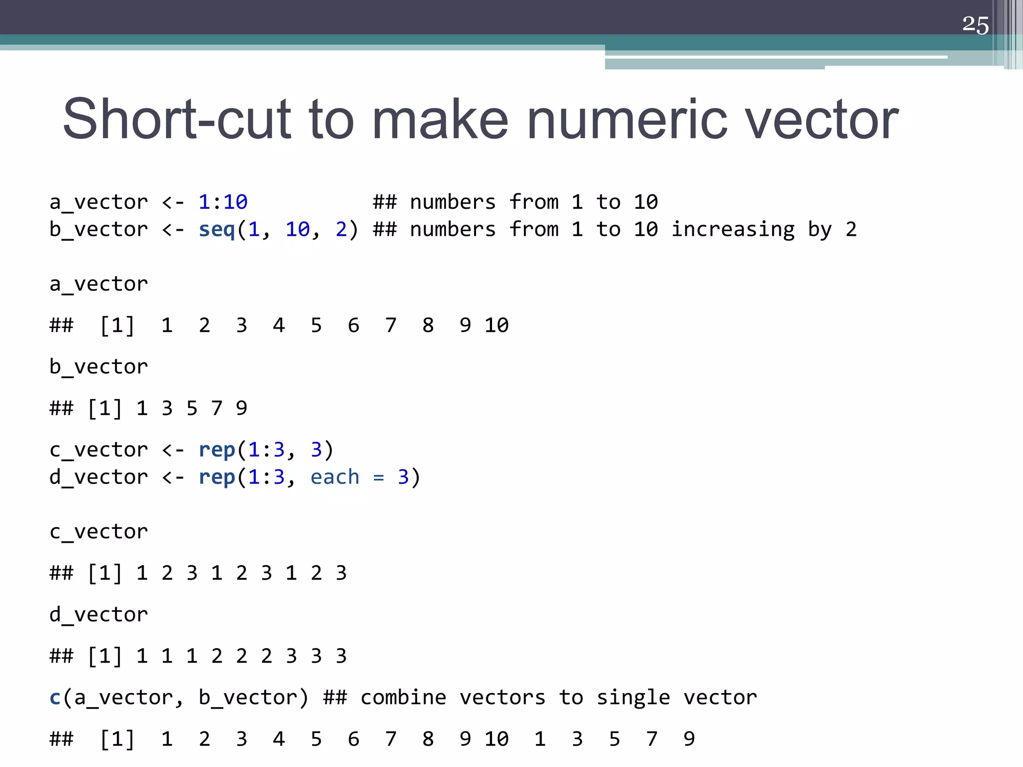 Short-cut to make numeric vector
25
a_vector <- 1:10 ## numbers from 1 to 10
b_vector <- seq(1, 10, 2) ## numbers from 1 to 10 increasing by 2
a_vector
## [1] 1 2 3 4 5 6 7 8 9 10
b_vector
## [1] 1 3 5 7 9
c_vector <- rep(1:3, 3)
d_vector <- rep(1:3, each = 3)
c_vector
## [1] 1 2 3 1 2 3 1 2 3
d_vector
## [1] 1 1 1 2 2 2 3 3 3
c(a_vector, b_vector) ## combine vectors to single vector
## [1] 1 2 3 4 5 6 7 8 9 10 1 3 5 7 9
 
