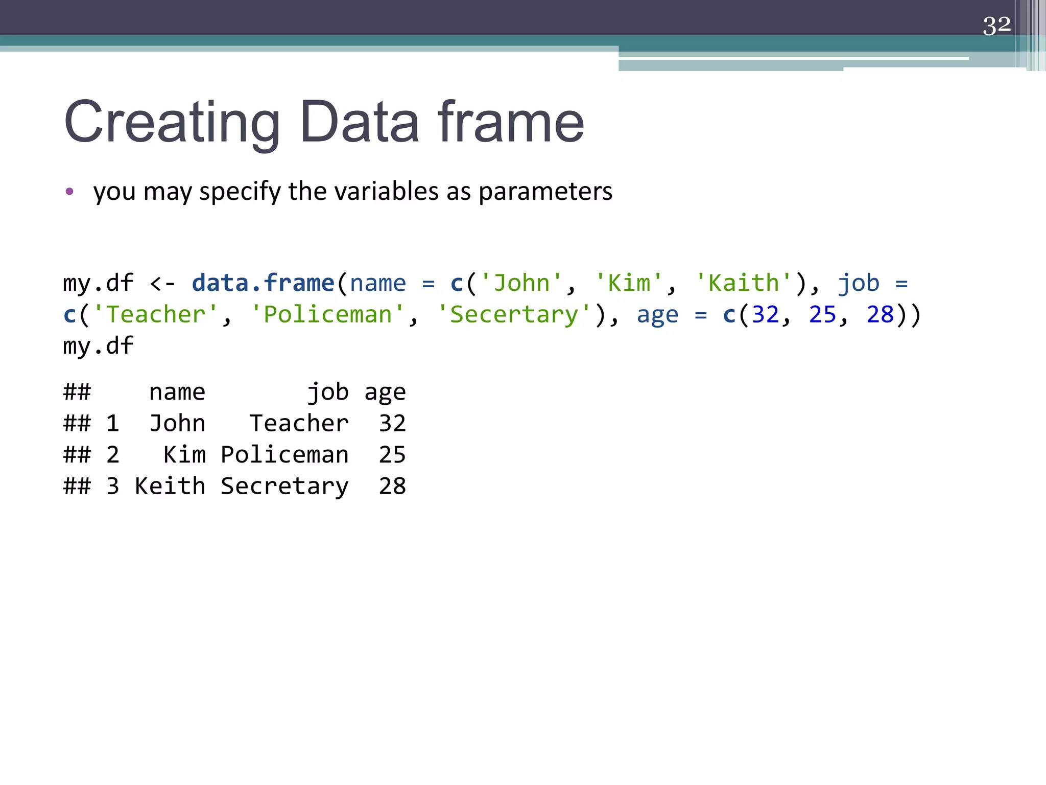Creating Data frame
• you may specify the variables as parameters
32
my.df <- data.frame(name = c('John', 'Kim', 'Kaith'), job =
c('Teacher', 'Policeman', 'Secertary'), age = c(32, 25, 28))
my.df
## name job age
## 1 John Teacher 32
## 2 Kim Policeman 25
## 3 Keith Secretary 28
 