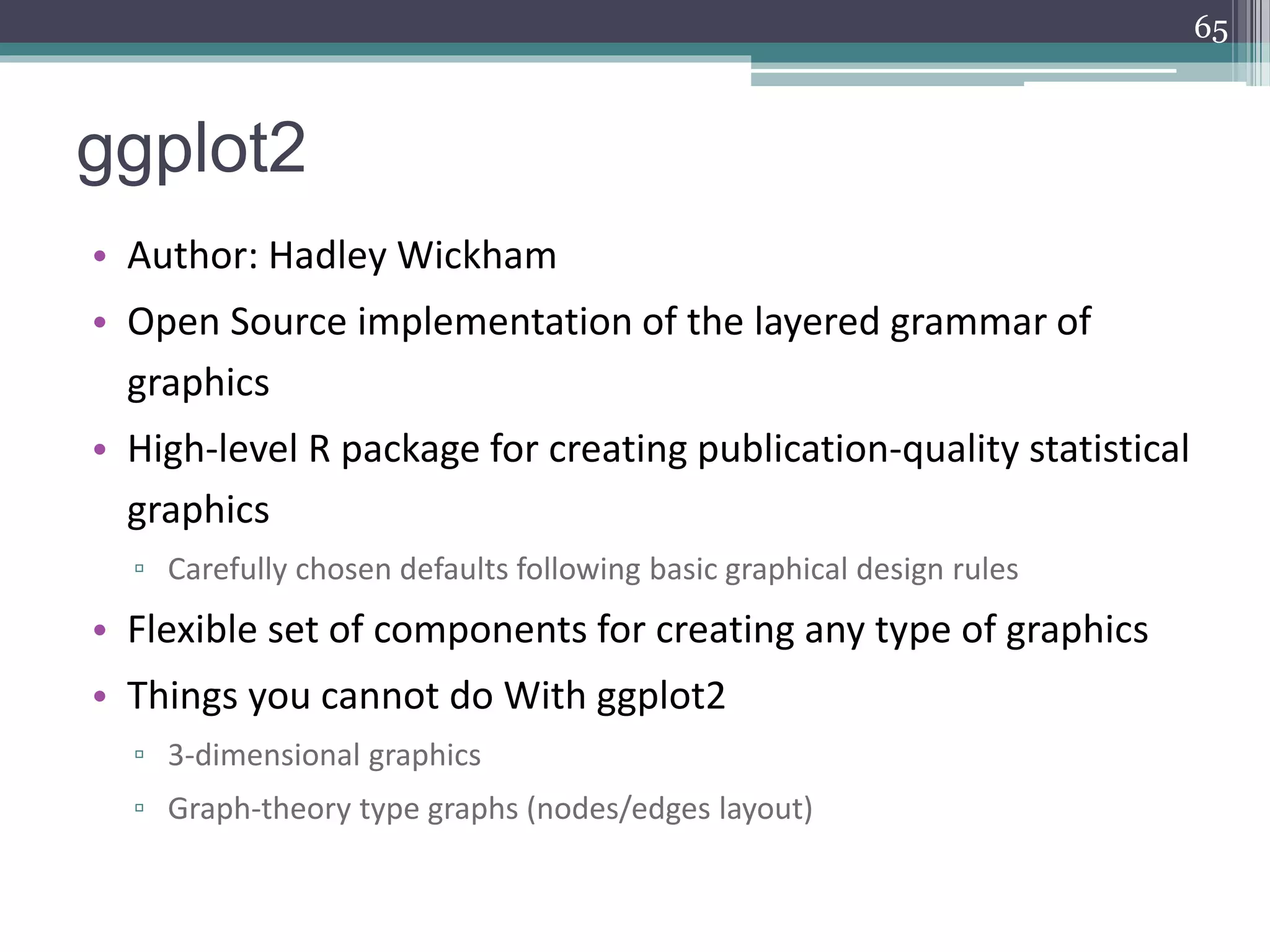 ggplot2
• Author: Hadley Wickham
• Open Source implementation of the layered grammar of
graphics
• High-level R package for creating publication-quality statistical
graphics
▫ Carefully chosen defaults following basic graphical design rules
• Flexible set of components for creating any type of graphics
• Things you cannot do With ggplot2
▫ 3-dimensional graphics
▫ Graph-theory type graphs (nodes/edges layout)
65
 