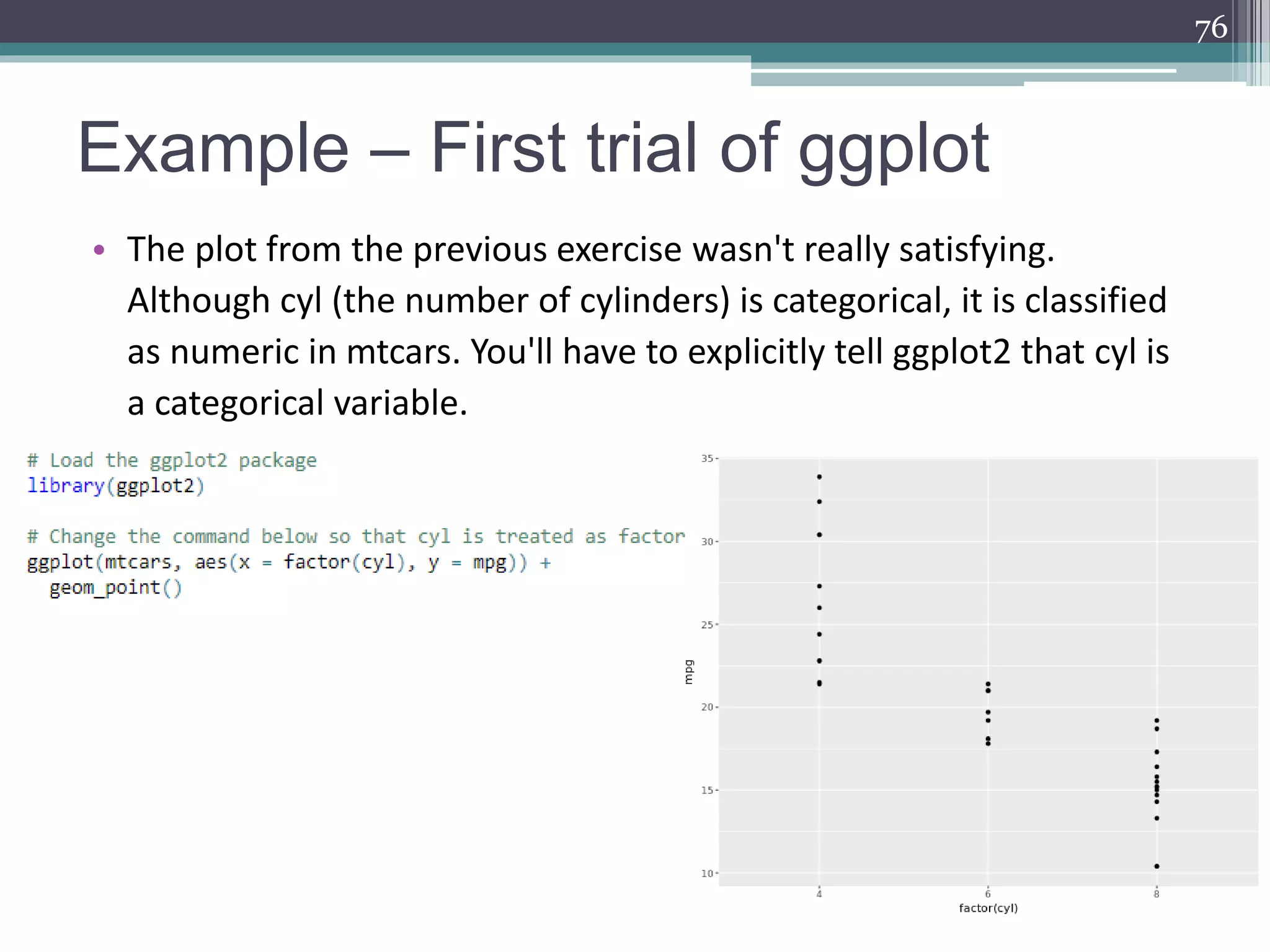 Example – First trial of ggplot
• The plot from the previous exercise wasn't really satisfying.
Although cyl (the number of cylinders) is categorical, it is classified
as numeric in mtcars. You'll have to explicitly tell ggplot2 that cyl is
a categorical variable.
76
 