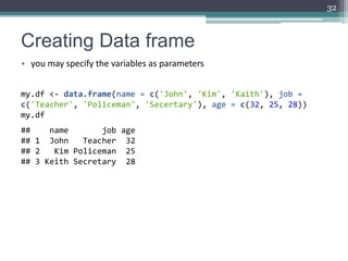 Creating Data frame
• you may specify the variables as parameters
32
my.df <- data.frame(name = c('John', 'Kim', 'Kaith'),...