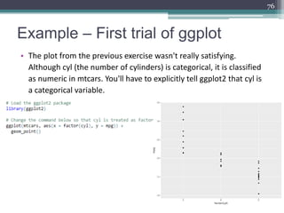 Example – First trial of ggplot
• The plot from the previous exercise wasn't really satisfying.
Although cyl (the number o...