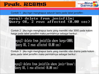 Contoh 1 : jika ingin menghapus seluruh baris pada tabel jenisfilm : 
Contoh 2 : jika ingin menghapus baris yang memiliki nilai 3000 pada kolom 
harga pada tabel jenisfilm maka perintahnya sebagai berikut : 
Contoh 3 : jika ingin menghapus baris yang memiliki nilai drama pada kolom 
jenis pada tabel jenisfilm maka perintahnya sebagai berikut : 
 