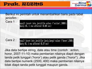 Berikut ini perintah untuk menambahkan baris pada tabel 
jenisfilm : 
Cara 1 : 
Cara 2 : 
Jika data bertipe string, date atau time (contoh : action, 
horor, 2007-11-10) maka pemberian nilainya diapit dengan 
tanda petik tunggal (‘horor’) atau petik ganda (“horor”). Jika 
data bertipe numerik (2500, 400) maka pemberian nilainya 
tidak diapit tanda petik tunggal maupun ganda. 
 