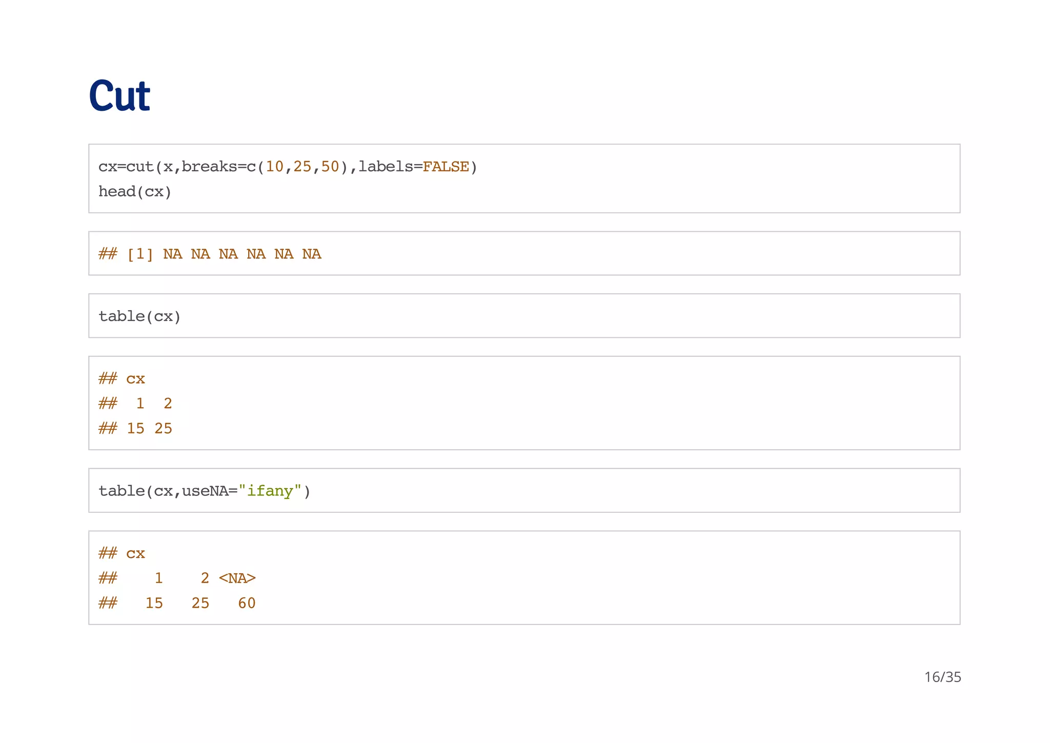 Cut 
cx=cut(x,breaks=c(10,25,50),labels=FALSE) 
head(cx) 
## [1] NA NA NA NA NA NA 
table(cx) 
## cx 
## 1 2 
## 15 25 
table(cx,useNA="ifany") 
## cx 
## 1 2 <NA> 
## 15 25 60 
16/35 
 