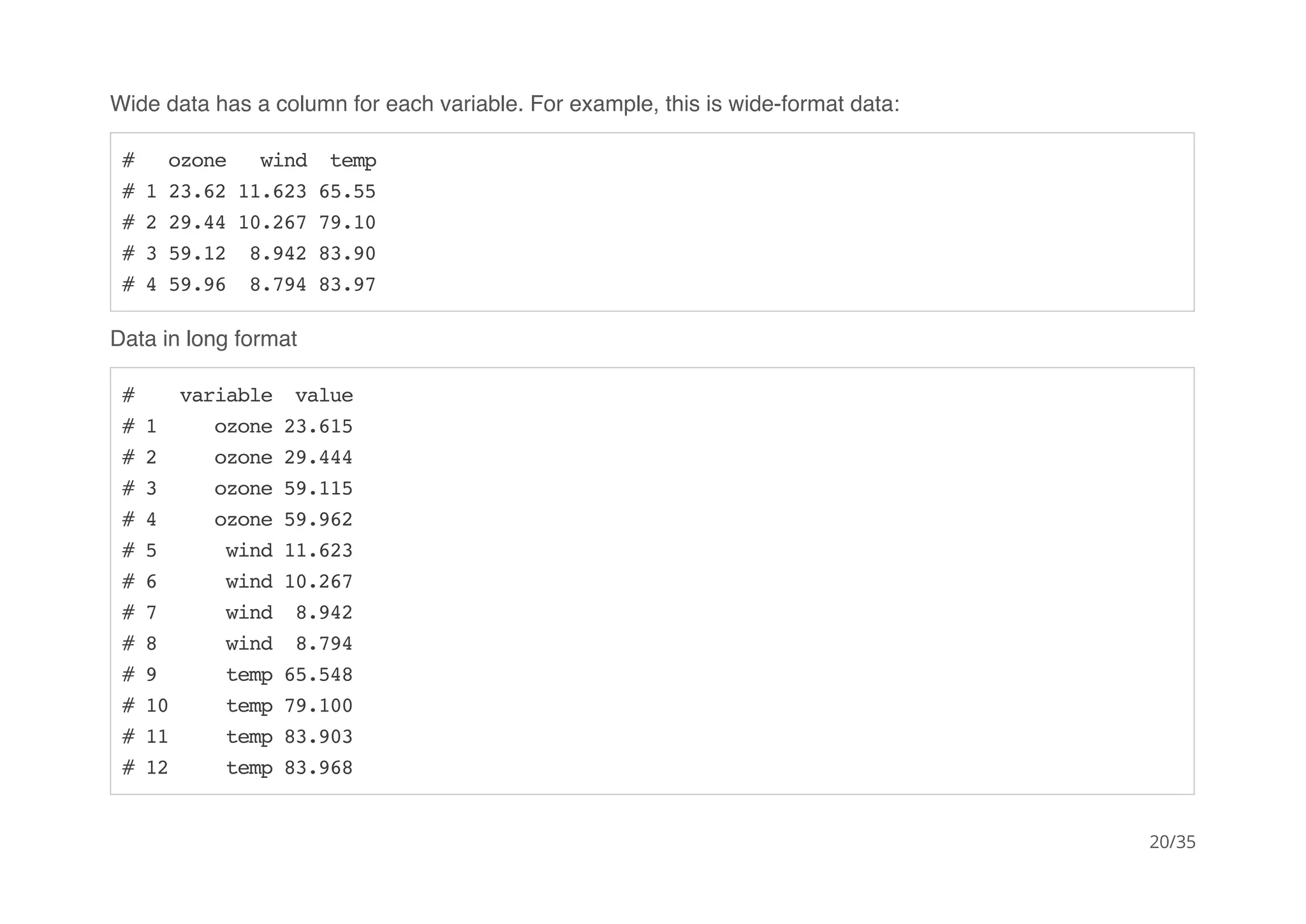 Wide data has a column for each variable. For example, this is wide-format data: 
# ozone wind temp 
# 1 23.62 11.623 65.55 
# 2 29.44 10.267 79.10 
# 3 59.12 8.942 83.90 
# 4 59.96 8.794 83.97 
Data in long format 
# variable value 
# 1 ozone 23.615 
# 2 ozone 29.444 
# 3 ozone 59.115 
# 4 ozone 59.962 
# 5 wind 11.623 
# 6 wind 10.267 
# 7 wind 8.942 
# 8 wind 8.794 
# 9 temp 65.548 
# 10 temp 79.100 
# 11 temp 83.903 
# 12 temp 83.968 
20/35 
 