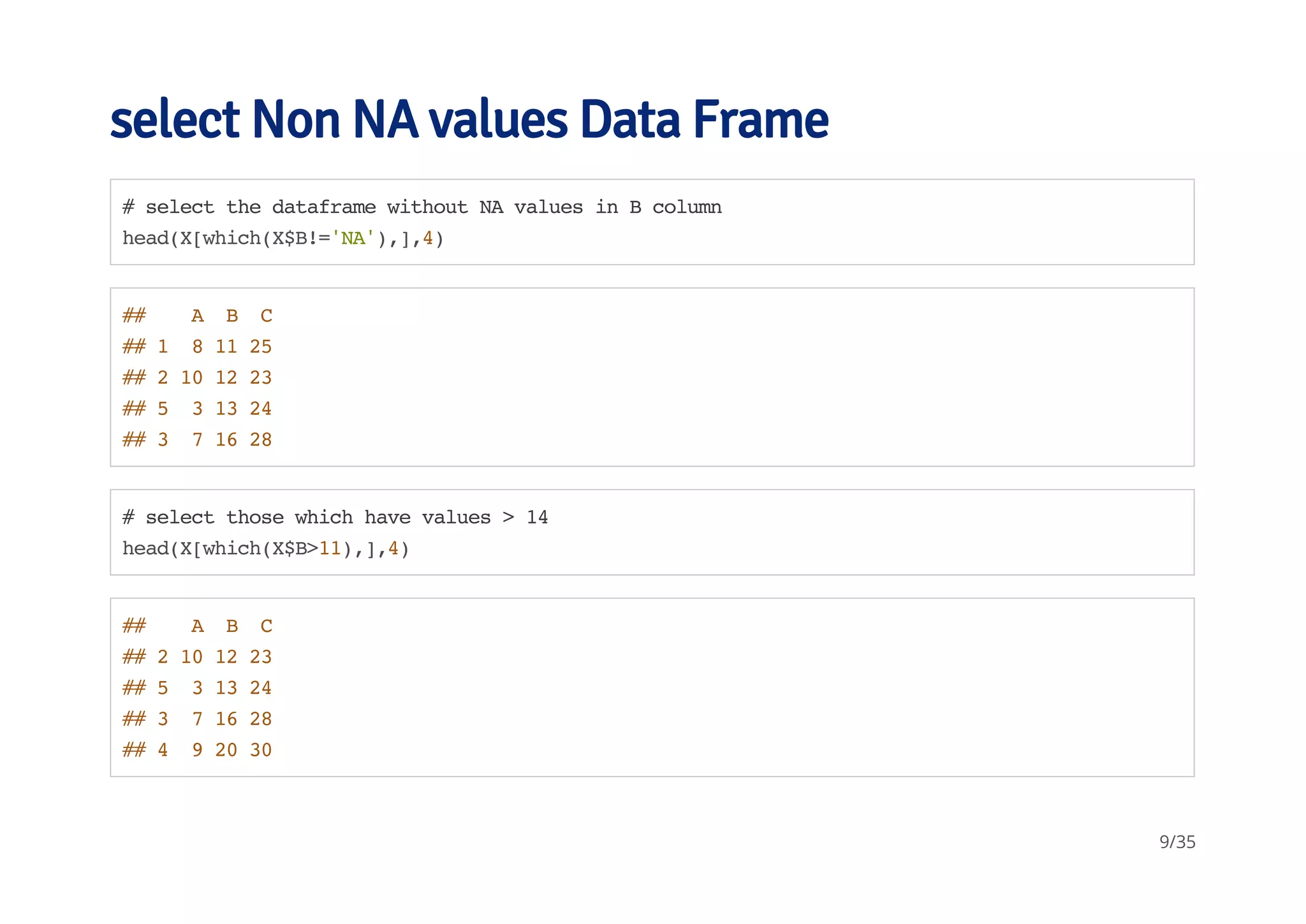 select Non NA values Data Frame 
# select the dataframe without NA values in B column 
head(X[which(X$B!='NA'),],4) 
## A B C 
## 1 8 11 25 
## 2 10 12 23 
## 5 3 13 24 
## 3 7 16 28 
# select those which have values > 14 
head(X[which(X$B>11),],4) 
## A B C 
## 2 10 12 23 
## 5 3 13 24 
## 3 7 16 28 
## 4 9 20 30 
9/35 
 