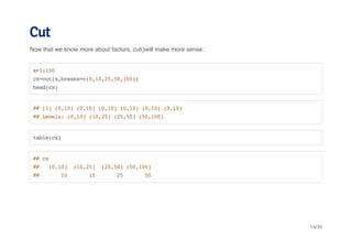 Cut 
Now that we know more about factors, cut()will make more sense: 
x=1:100 
cx=cut(x,breaks=c(0,10,25,50,100)) 
head(cx) 
## [1] (0,10] (0,10] (0,10] (0,10] (0,10] (0,10] 
## Levels: (0,10] (10,25] (25,50] (50,100] 
table(cx) 
## cx 
## (0,10] (10,25] (25,50] (50,100] 
## 10 15 25 50 
14/35 
 