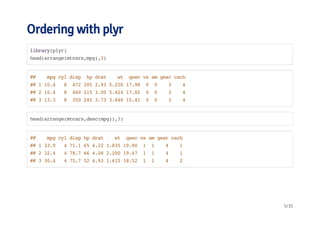 Ordering with plyr 
library(plyr) 
head(arrange(mtcars,mpg),3) 
## mpg cyl disp hp drat wt qsec vs am gear carb 
## 1 10.4 8 472 205 2.93 5.250 17.98 0 0 3 4 
## 2 10.4 8 460 215 3.00 5.424 17.82 0 0 3 4 
## 3 13.3 8 350 245 3.73 3.840 15.41 0 0 3 4 
head(arrange(mtcars,desc(mpg)),3) 
## mpg cyl disp hp drat wt qsec vs am gear carb 
## 1 33.9 4 71.1 65 4.22 1.835 19.90 1 1 4 1 
## 2 32.4 4 78.7 66 4.08 2.200 19.47 1 1 4 1 
## 3 30.4 4 75.7 52 4.93 1.615 18.52 1 1 4 2 
5/35 
 