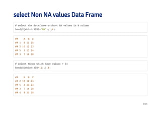 select Non NA values Data Frame 
# select the dataframe without NA values in B column 
head(X[which(X$B!='NA'),],4) 
## A B C 
## 1 8 11 25 
## 2 10 12 23 
## 5 3 13 24 
## 3 7 16 28 
# select those which have values > 14 
head(X[which(X$B>11),],4) 
## A B C 
## 2 10 12 23 
## 5 3 13 24 
## 3 7 16 28 
## 4 9 20 30 
9/35 
 