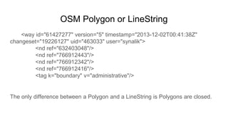 OSM Polygon or LineString
<way id="61427277" version="5" timestamp="2013-12-02T00:41:38Z"
changeset="19226127" uid="463033...