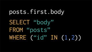 posts.map{|x| x.body}
SELECT “body”
FROM “posts”
WHERE (“id” IN (1,2))