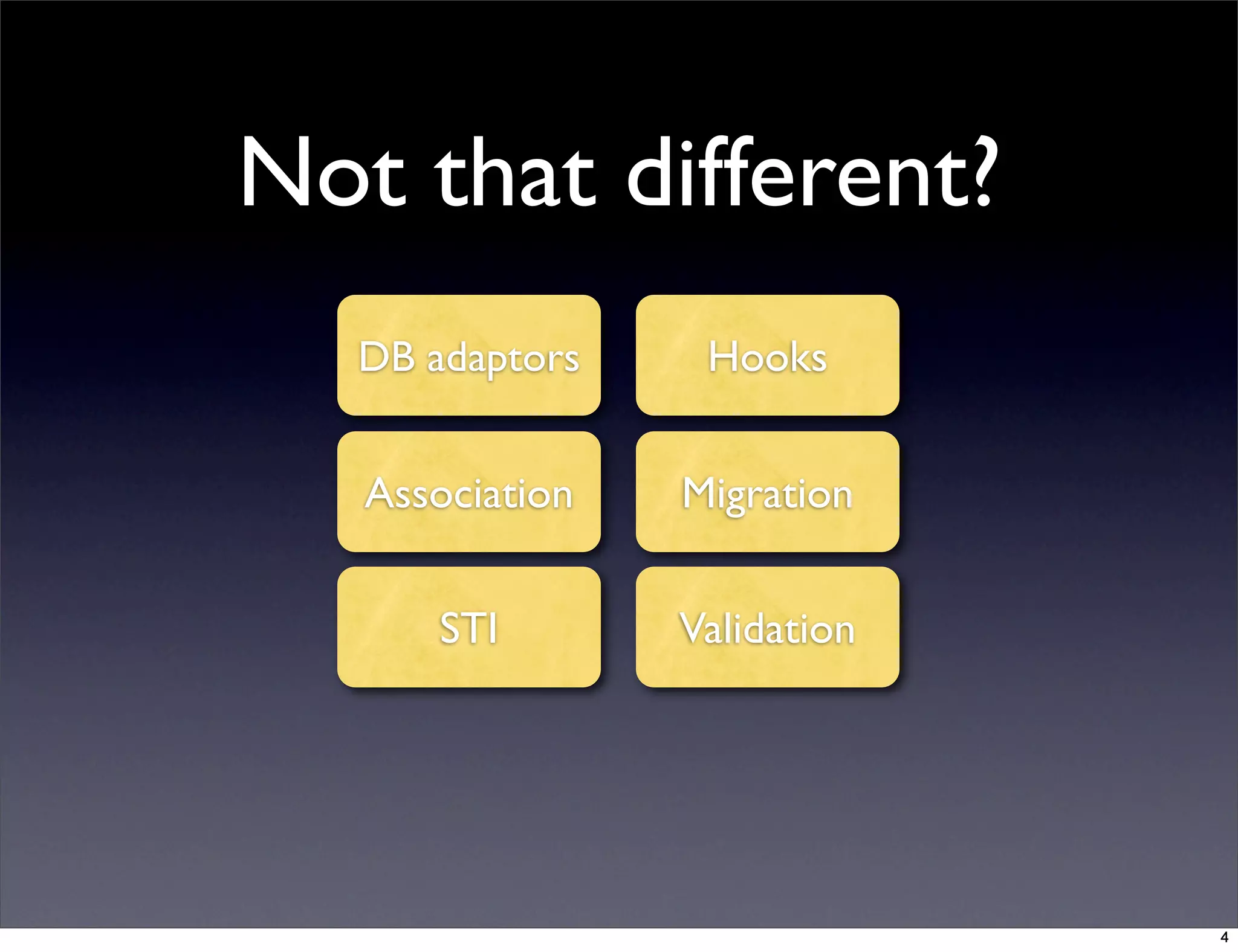 Not that different?
DB adaptors
STI
Association Migration
Hooks
Validation
4
 
