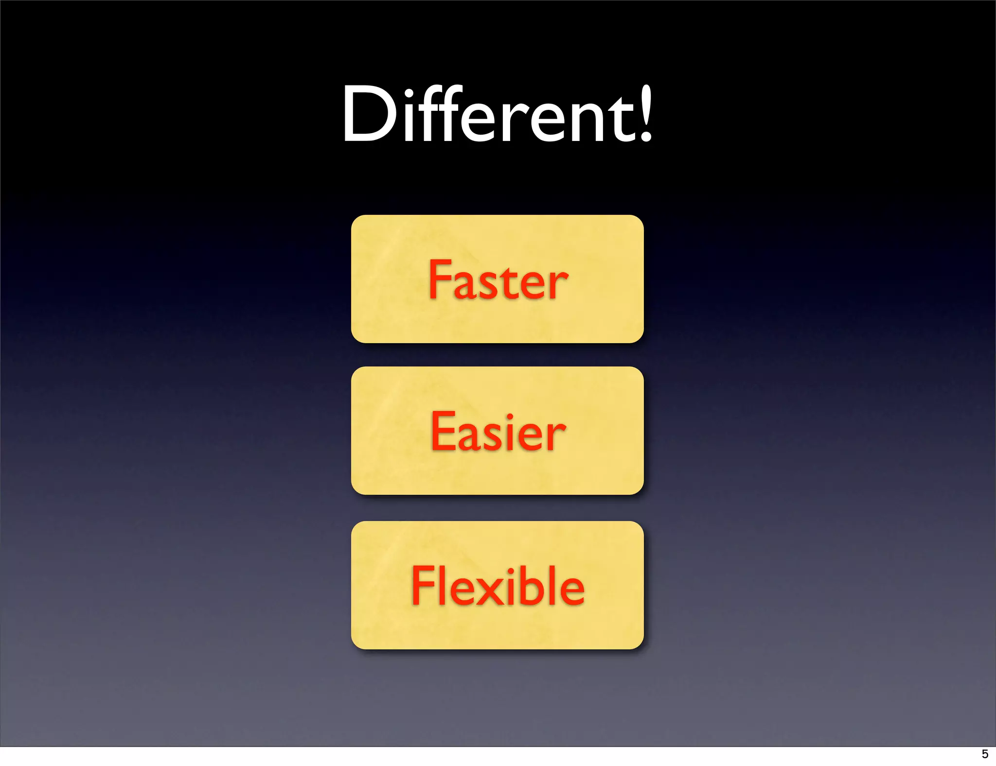 Different!
Faster
Easier
Flexible
5
 
