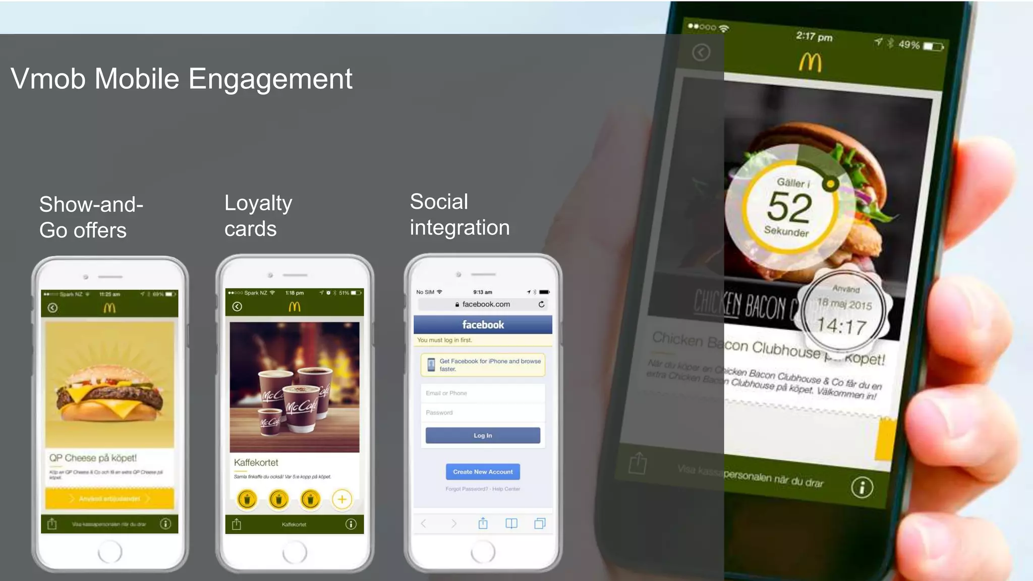 Vmob Mobile Engagement
Show-and-
Go offers
Loyalty
cards
Social
integration
 