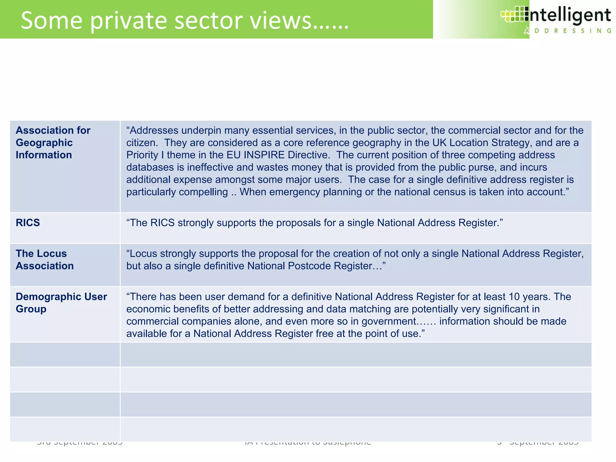 Some private sector views…… 3rd September 2009 IA Presentation to Susiephone 3 rd  September 2009 Association for Geographic Information “ Addresses underpin many essential services, in the public sector, the commercial sector and for the citizen.  They are considered as a core reference geography in the UK Location Strategy, and are a Priority I theme in the EU INSPIRE Directive.  The current position of three competing address databases is ineffective and wastes money that is provided from the public purse, and incurs additional expense amongst some major users.  The case for a single definitive address register is particularly compelling .. When emergency planning or the national census is taken into account.” RICS “ The RICS strongly supports the proposals for a single National Address Register.” The Locus Association “ Locus strongly supports the proposal for the creation of not only a single National Address Register, but also a single definitive National Postcode Register…” Demographic User Group “ There has been user demand for a definitive National Address Register for at least 10 years. The economic benefits of better addressing and data matching are potentially very significant in commercial companies alone, and even more so in government…… information should be made available for a National Address Register free at the point of use.” 