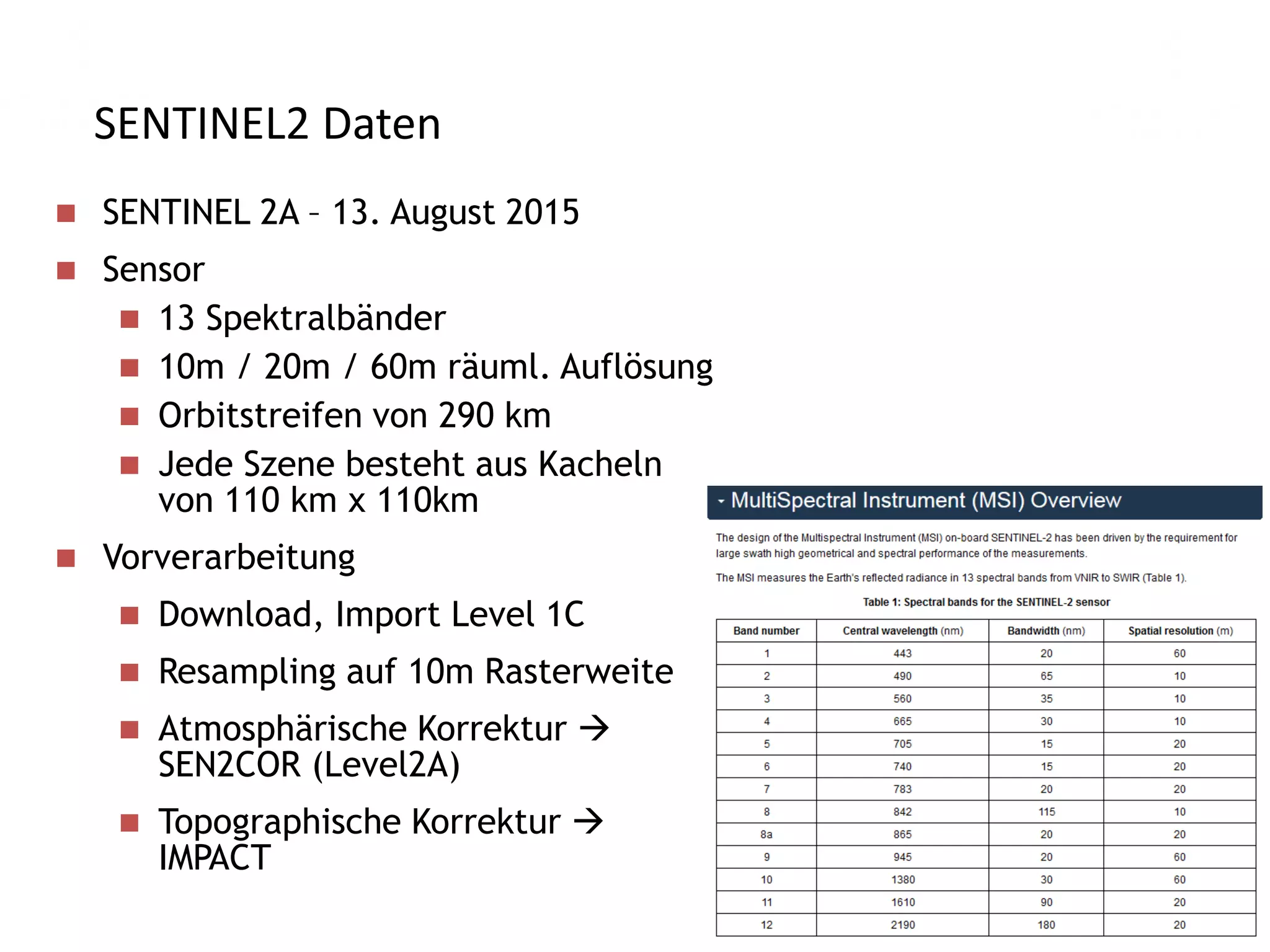 SENTINEL2 Daten
 SENTINEL 2A – 13. August 2015
 Sensor
 13 Spektralbänder
 10m / 20m / 60m räuml. Auflösung
 Orbitstreifen von 290 km
 Jede Szene besteht aus Kacheln
von 110 km x 110km
 Vorverarbeitung
 Download, Import Level 1C
 Resampling auf 10m Rasterweite
 Atmosphärische Korrektur 
SEN2COR (Level2A)
 Topographische Korrektur 
IMPACT
 