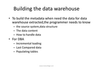 Building the data warehouse
• To build the metadata when need the data for data
warehouse extracted,the programmer needs to know
– the source system,data structure
– The data content
– How to handle data
• For DBA
– Incremental loading
– Last Compared data
– Populating tables
www.notesvillage.com
 