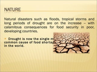 Natural disasters such as floods, tropical storms and long periods of drought are on the increase -- with calamitous consequences for food security in poor, developing countries. Drought is now the single most  common cause of food shortages  in the world. 