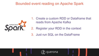 Bounded event reading on Apache Spark
1. Create a custom RDD or Dataframe that
reads from Apache Kafka
2. Register your RDD in the context
3. Just run SQL on the DataFrame
 