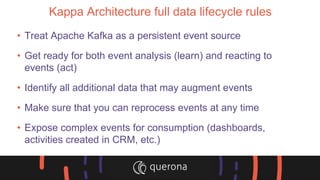 Kappa Architecture full data lifecycle rules
• Treat Apache Kafka as a persistent event source
• Get ready for both event analysis (learn) and reacting to
events (act)
• Identify all additional data that may augment events
• Make sure that you can reprocess events at any time
• Expose complex events for consumption (dashboards,
activities created in CRM, etc.)
 