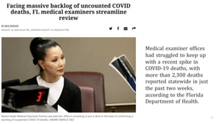 10
Medical examiner offices
had struggled to keep up
with a recent spike in
COVID-19 deaths, with
more than 2,300 deaths
reported statewide in just
the past two weeks,
according to the Florida
Department of Health.
 