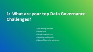 1: What are your top Data Governance
Challenges?
15
a) Increasing Volumes
b) Data Silos
c) Unclear Definitions
d) Dueling Dashboards
e) Lack of Executive Alignment
 