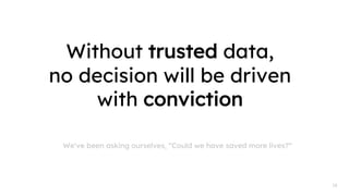 We’ve been asking ourselves, ”Could we have saved more lives?”
Without trusted data,
no decision will be driven
with conviction
18
 