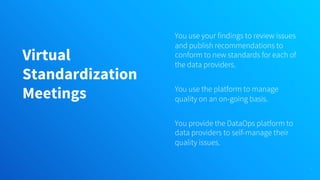 Virtual
Standardization
Meetings
You use your findings to review issues
and publish recommendations to
conform to new standards for each of
the data providers.
You use the platform to manage
quality on an on-going basis.
You provide the DataOps platform to
data providers to self-manage their
quality issues.
39
 