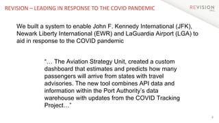 4
REVISION – LEADING IN RESPONSE TO THE COVID PANDEMIC
We built a system to enable John F. Kennedy International (JFK),
Newark Liberty International (EWR) and LaGuardia Airport (LGA) to
aid in response to the COVID pandemic
“… The Aviation Strategy Unit, created a custom
dashboard that estimates and predicts how many
passengers will arrive from states with travel
advisories. The new tool combines API data and
information within the Port Authority’s data
warehouse with updates from the COVID Tracking
Project…”
 
