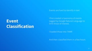 Event
Classification
Events are hard to identify in text
I first created a taxonomy of events
tagged by Google Natural Language to
limit those of interest.
I loaded those into TAMR
And then classified them in a few hours
57
 