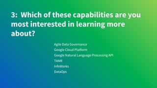 3: Which of these capabilities are you
most interested in learning more
about?
58
Agile Data Governance
Google Cloud Platform
Google Natural Language Processing API
TAMR
InfoWorks
DataOps
 