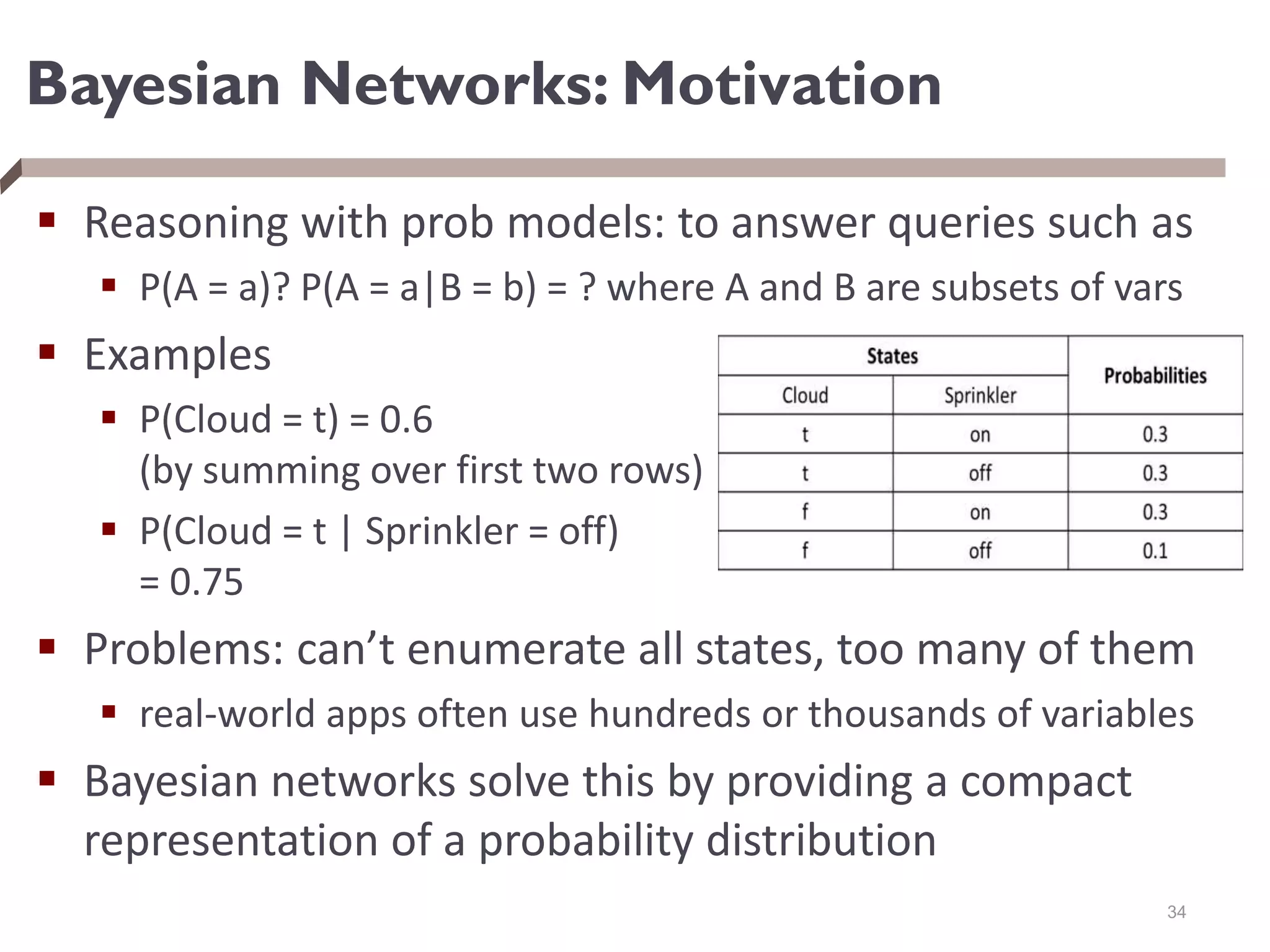 Bayesian Networks: Motivation
 Reasoning with prob models: to answer queries such as
 P(A = a)? P(A = a|B = b) = ? where A and B are subsets of vars
 Examples
 P(Cloud = t) = 0.6
(by summing over first two rows)
 P(Cloud = t | Sprinkler = off)
= 0.75
 Problems: can’t enumerate all states, too many of them
 real-world apps often use hundreds or thousands of variables
 Bayesian networks solve this by providing a compact
representation of a probability distribution
34
 