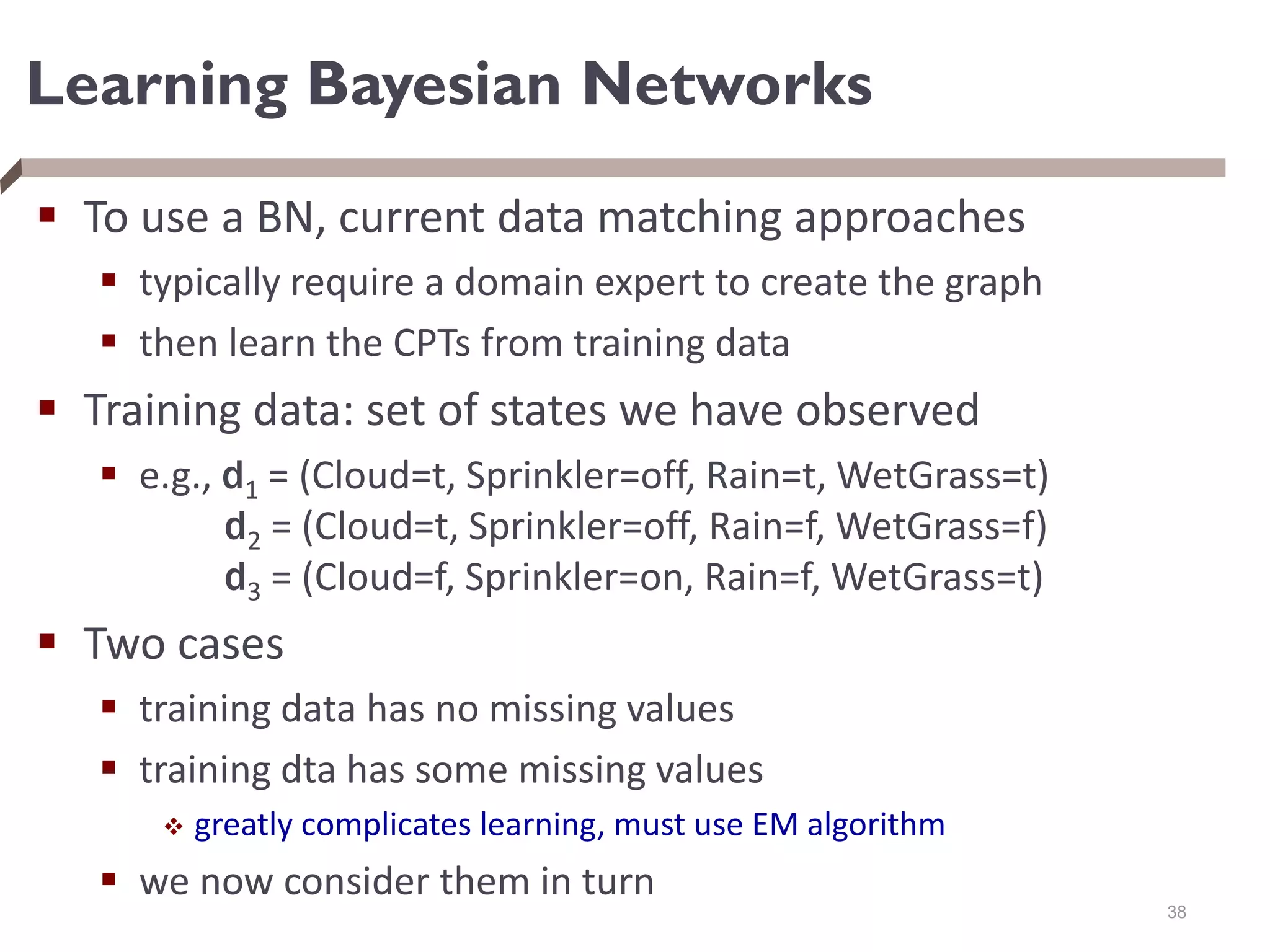 Learning Bayesian Networks
 To use a BN, current data matching approaches
 typically require a domain expert to create the graph
 then learn the CPTs from training data
 Training data: set of states we have observed
 e.g., d1 = (Cloud=t, Sprinkler=off, Rain=t, WetGrass=t)
d2 = (Cloud=t, Sprinkler=off, Rain=f, WetGrass=f)
d3 = (Cloud=f, Sprinkler=on, Rain=f, WetGrass=t)
 Two cases
 training data has no missing values
 training dta has some missing values
 greatly complicates learning, must use EM algorithm
 we now consider them in turn
38
 