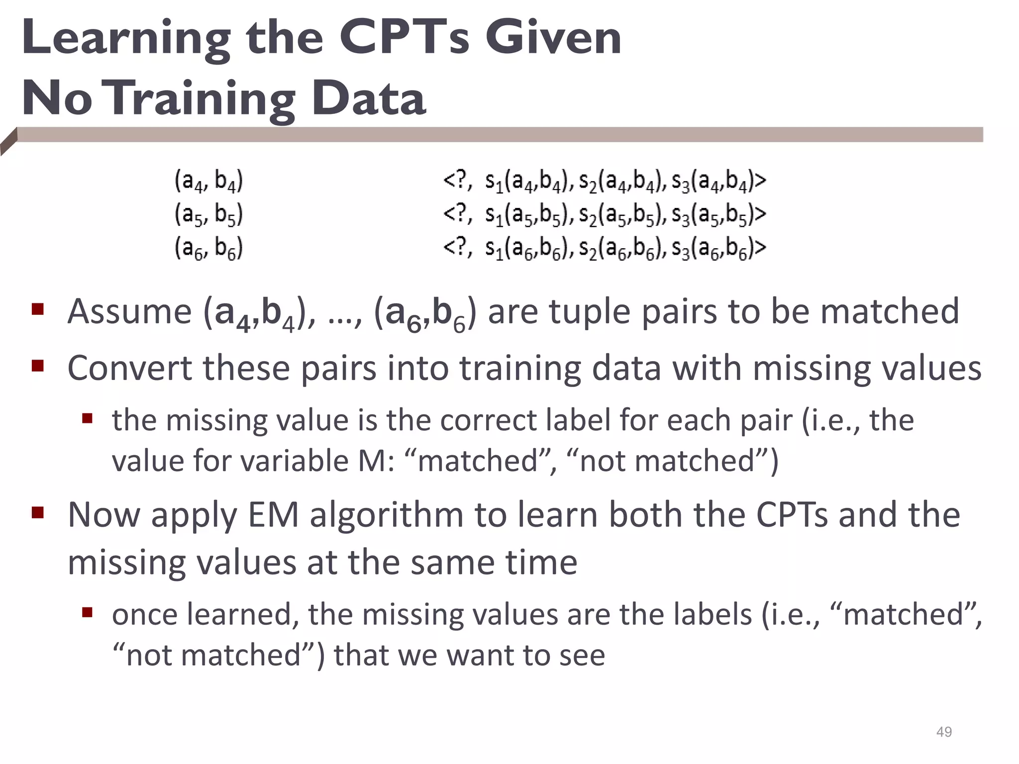 Learning the CPTs Given
NoTraining Data
 Assume (a4,b4), …, (a6,b6) are tuple pairs to be matched
 Convert these pairs into training data with missing values
 the missing value is the correct label for each pair (i.e., the
value for variable M: “matched”, “not matched”)
 Now apply EM algorithm to learn both the CPTs and the
missing values at the same time
 once learned, the missing values are the labels (i.e., “matched”,
“not matched”) that we want to see
49
 