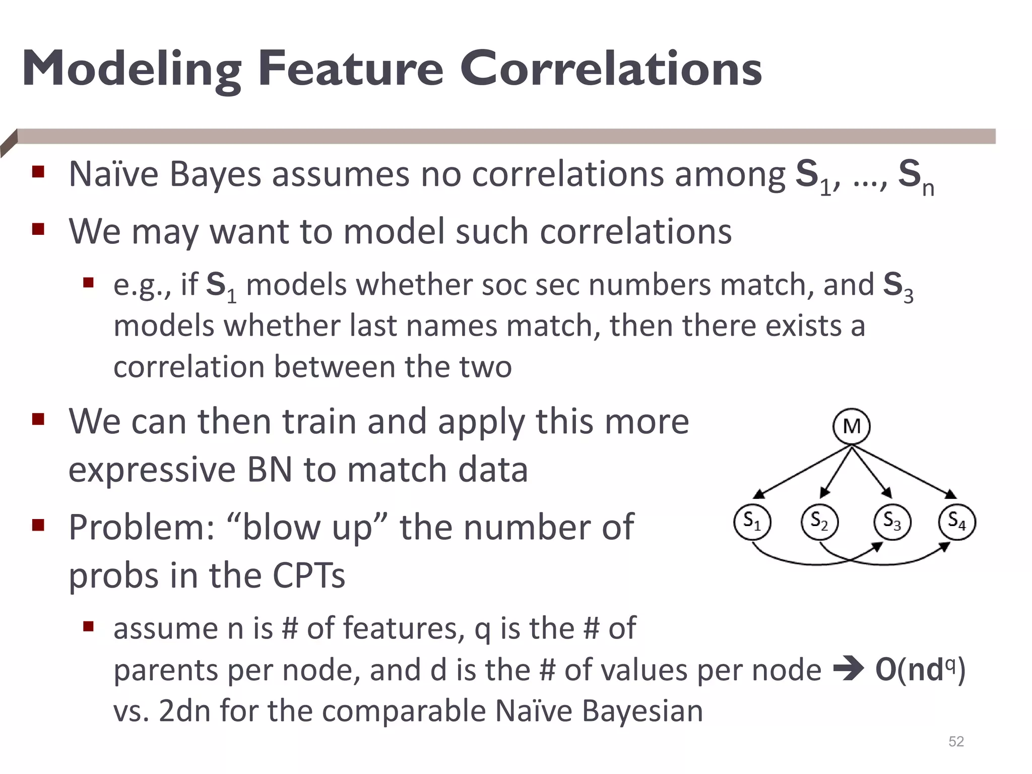 Modeling Feature Correlations
 Naïve Bayes assumes no correlations among S1, …, Sn
 We may want to model such correlations
 e.g., if S1 models whether soc sec numbers match, and S3
models whether last names match, then there exists a
correlation between the two
 We can then train and apply this more
expressive BN to match data
 Problem: “blow up” the number of
probs in the CPTs
 assume n is # of features, q is the # of
parents per node, and d is the # of values per node  O(ndq)
vs. 2dn for the comparable Naïve Bayesian
52
 