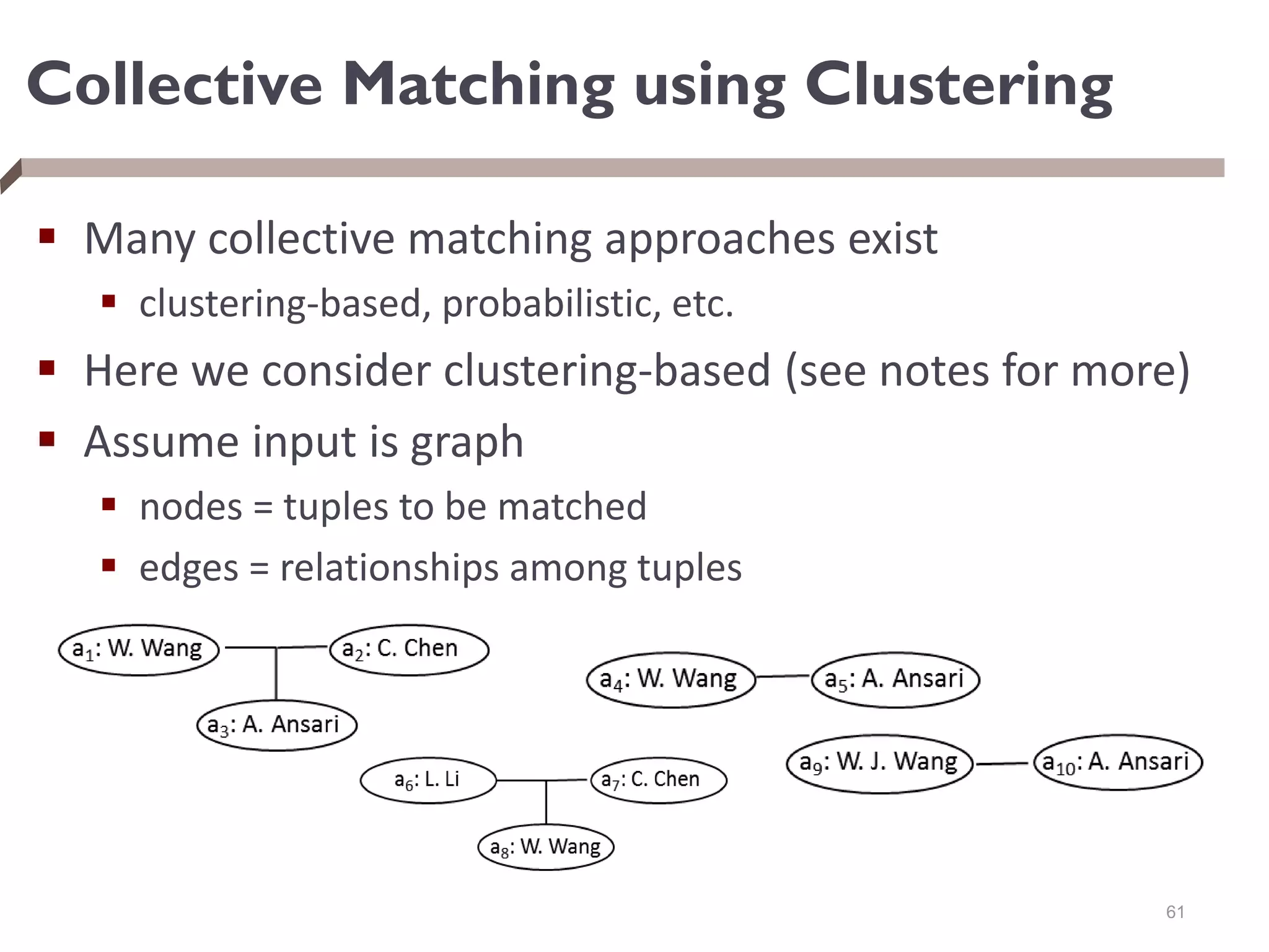 Collective Matching using Clustering
 Many collective matching approaches exist
 clustering-based, probabilistic, etc.
 Here we consider clustering-based (see notes for more)
 Assume input is graph
 nodes = tuples to be matched
 edges = relationships among tuples
61
 